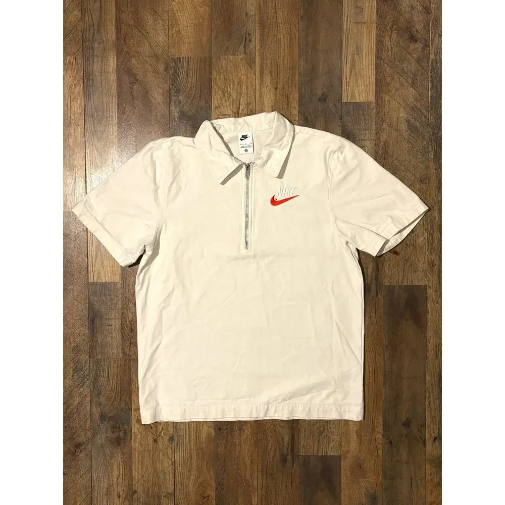 Nike Sportswear Trend Woven Half Zip Polo Shirt Mens L Cream Sail Red Swoosh
